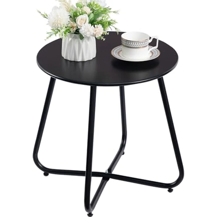 HollyHOME Beistelltisch Outdoor Balkontisch Klein Gartentisch Rund Beistelltisch Metall Wetterfest Loungetisch Outdoor Couchtisch für Patio Terrasse Wohnzimmer, Schwarz – Bild 2