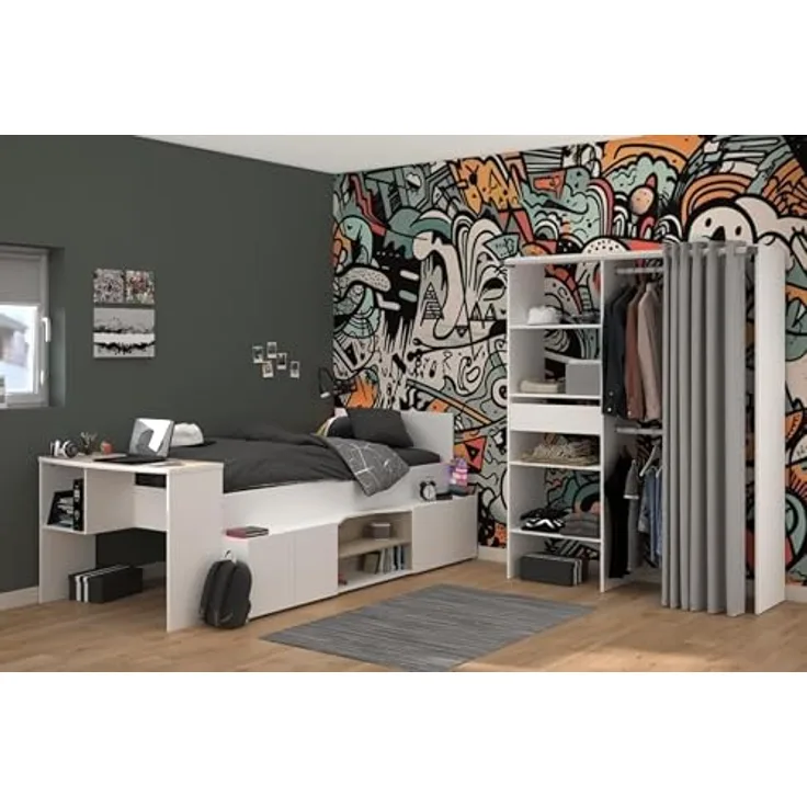 Jugendzimmer Hochbett Cleo von Parisot Jugendbett Funktionsbett 90 x 200 cm in Weiß und Jackson Eiche mit Stauraum komplett Set - in verschiedenen Zusammenstellungen wählbar - 2 teilig , halbhohes Hochbett und Kleiderschrank