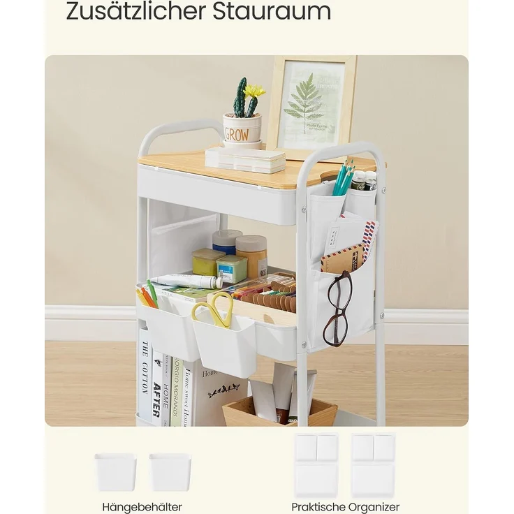 Songmics Rollwagen, Küchenwagen, 3 Metallgitterablagen, Servierwagen, 2 abnehmbare Hängebehälter, 2 Organizer, für Büro, Küche Wohnzimmer, Badezimmer, – Bild 4