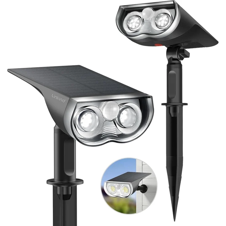 Linkind StarRay Solar Gartenleuchte mit Bewegungsmelder, 6500K Tageslichtweiss Solarlampen für außen, IP67 Außen-Wandleuchte mit Dauerlicht, 1000lm Hell Solarstrahler für Garten, Garage, 2 Stk.