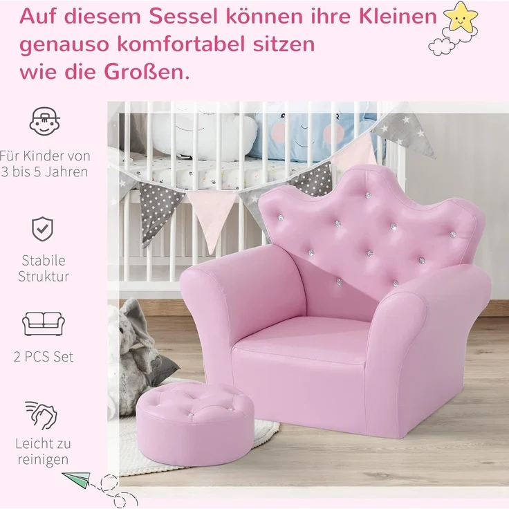 HOMCOM Sessel Kindersofa mit Ottomane Prinzessinnen (Prinzessinnen Sofa, 1-St, Kindersofa), Rosa 58 x 40.5 x 49 cm – Bild 8