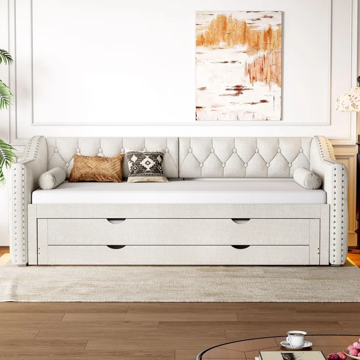Gepolstertes Tagesbett 90x200 cm mit LED-Licht, Ausziehbett und 3 Schubladen, Beige – Bild 3