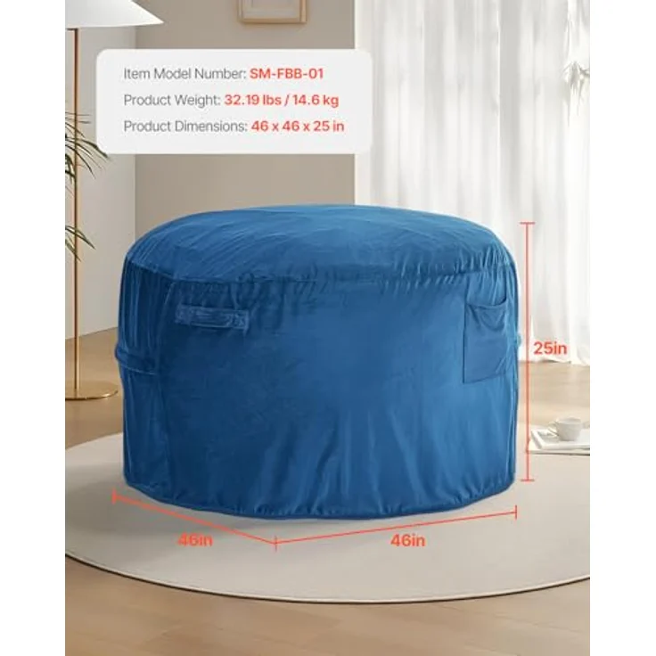 VEVOR runder Sitzsack Sitzkissen Bean Bag Erwachsene (1168 x 1168 x 635 mm) mit abnehmbarem & waschbarem Bezug, gefüllt mit niederländischem Samt & hochdichtem Schaumstoff, für Schlafzimmer Blau – Bild 4