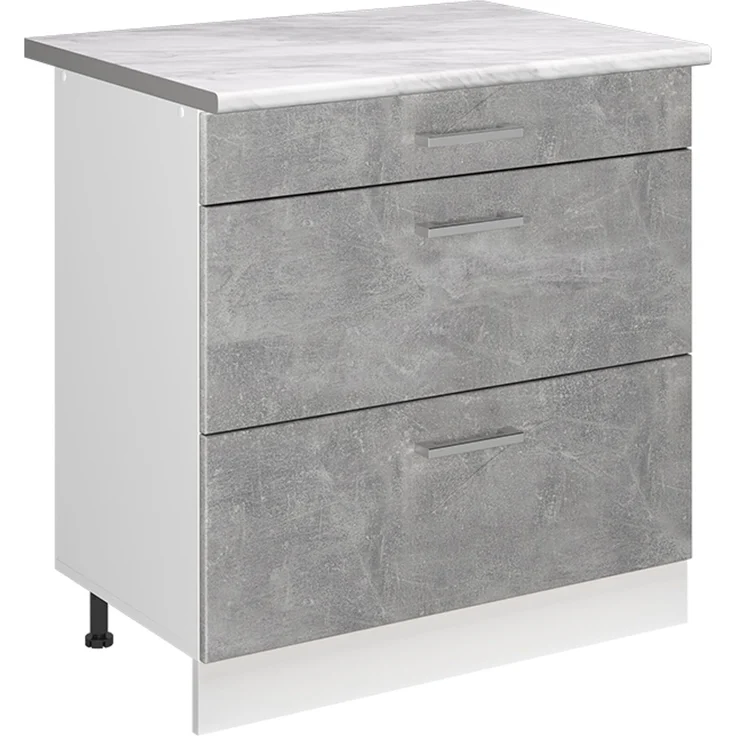 Küchenunterschrank R-Line Beton/Weiß 80 cm mit 3 Schubladen Arbeitsplatte Marmor Vicco – Bild 1