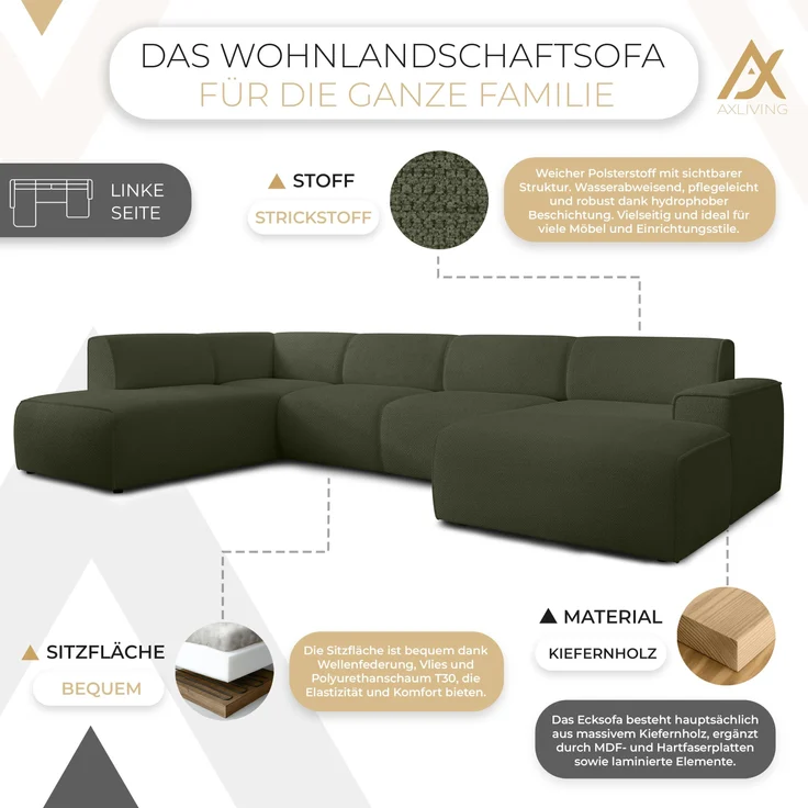 AX LIVING XXL Sofa U Form Didim Grün 378cm breit modern & großzügig L – Bild 5