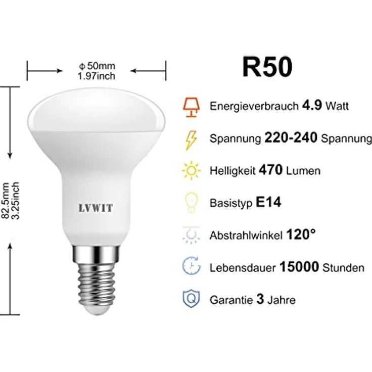 LVWIT LED Reflektorlampe E14 R50,470 lm, Kaltweiß 6500K, 4.9W ersetzt 40W Glühbirne, matt (6er Pack) – Bild 4