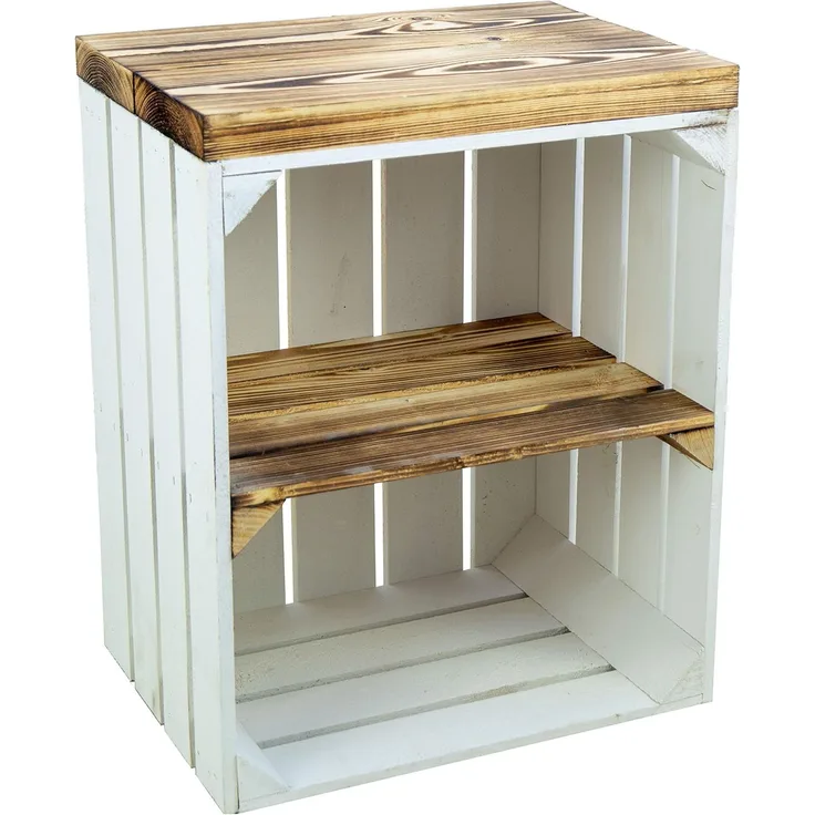 Sitzkiste Ablagetisch Sitzkiste aus unserer Johanna Obstkiste und massiven Holzplanken Schuhablage Schuhkommode Hocker aus Holz Maße 40 x 29 x 53 cm L x T x H (weiss und geflammt)