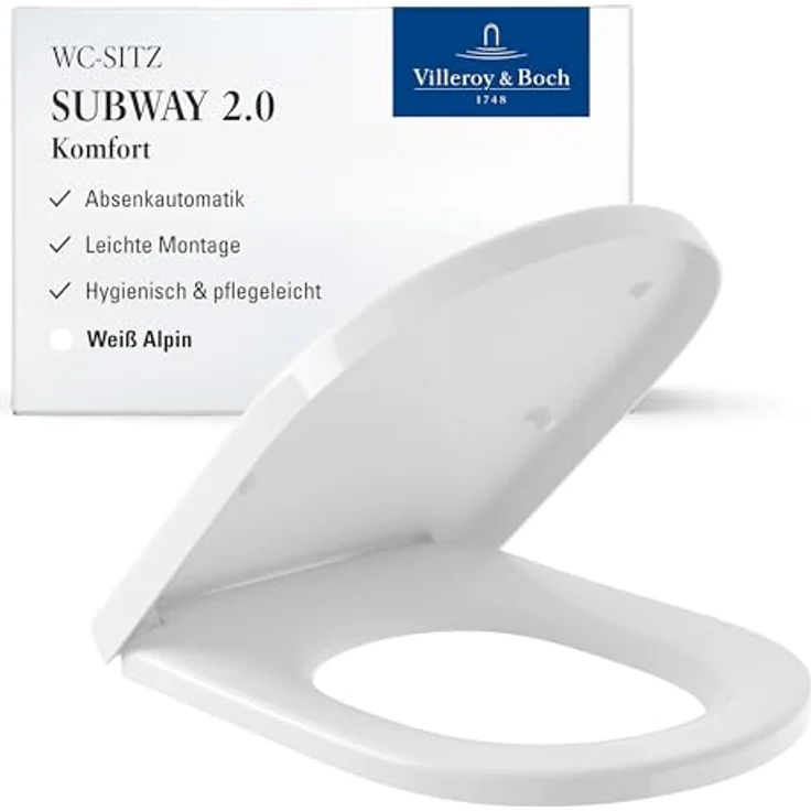 Villeroy & Boch Subway 2.0 WC-Sitz - Toilettendeckel mit Absenkautomatik - Abnehmbarer, bruchsicherer Toilettensitz aus Duroplast - Original Ersatzteil - Klodeckel in D-Form - Weiß Alpin, glänzend – Bild 2