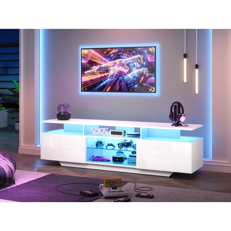 Merax 160cm Fernsehschrank,TV-Ständer mit 2 Schränken, Wohnzimmerschrank, Hochglanz-TV-Schrank mit LED-Lichtleiste, mit 8 Ablageflächen, 70-Zoll-Fernseher, Weiß – Bild 8