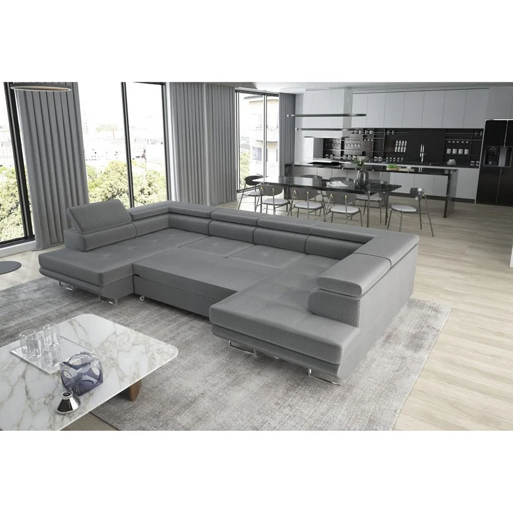 thematys Ecksofa Aston U 403 x 203 cm, mit Schlaffunktion, mit Bettkasten, mit verstellbaren Kopfstützen, Schwarz(Monolith 100), Ausrichtung 350 cm – Bild 2