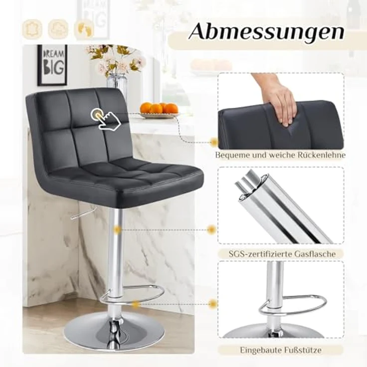 Sweetcrispy Barhocker 2er Set,PU-Leder Gepolsterter Barstuhl,Bistrohocker mit Lehne Fußstütze,360°Höhenverstellbar Drehbar Küchenhocker Designer Hocker,Tresenhocker für Bar,Schwarz – Bild 6