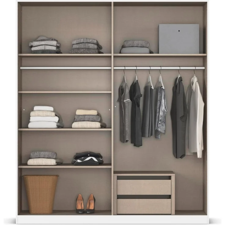 Rauch Möbel Alabama, Kleiderschrank, Garderobe, 4-türig, Spiegel, Zubehör Premium, 2 Kleiderstangen, 5 Einlegeböden, Schubladeneinsatz, Farbe Eiche Artisan, Holz, Griff Grau metallic, 181 x 210 x 54 cm – Bild 7