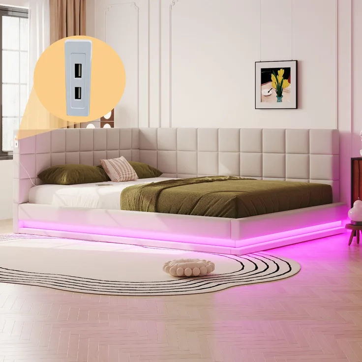 Polsterbett 160x200 cm aus Leinen mit LED-Beleuchtung und USB-Anschluss – Schlafsofa mit Lattenrost