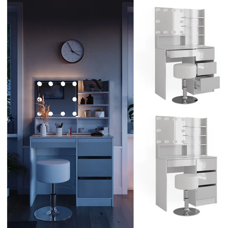 Schminktisch Sherry Weiß 90 cm mit LED Beleuchtung, Hocker und Spiegelregal Vicco – Bild 2