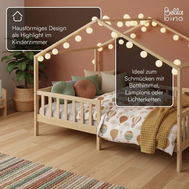 Bellabino 'Bia' Hausbett 140x200 cm, natur, Kiefer Massivholz, Montessori Kinderbett mit Rausfallschutz und Lattenrost – Bild 6