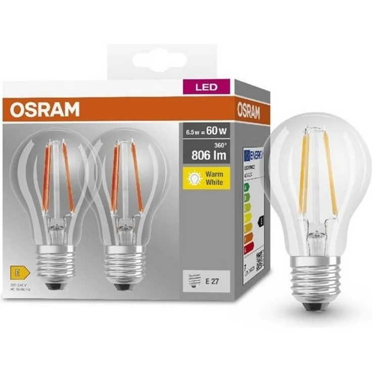 Osram BASE CLASSIC A FIL 60 LED-Lampe mit Sockel E27, klassische Kolbenform, Doppelpack, 6,5W, 806lm, 2700K, warmweißes Licht, geringe Wärmeentwicklung, lange Lebensdauer, geringer Energieverbrauch – Bild 4