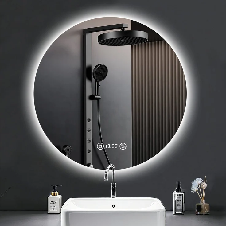 PESENXAN LED Badspiegel 60cm, runder Spiegel mit 3 dimmbaren Lichtfarben, Touch-Steuerung, Anti-Beschlag-Funktion und integrierter Uhr, Silber