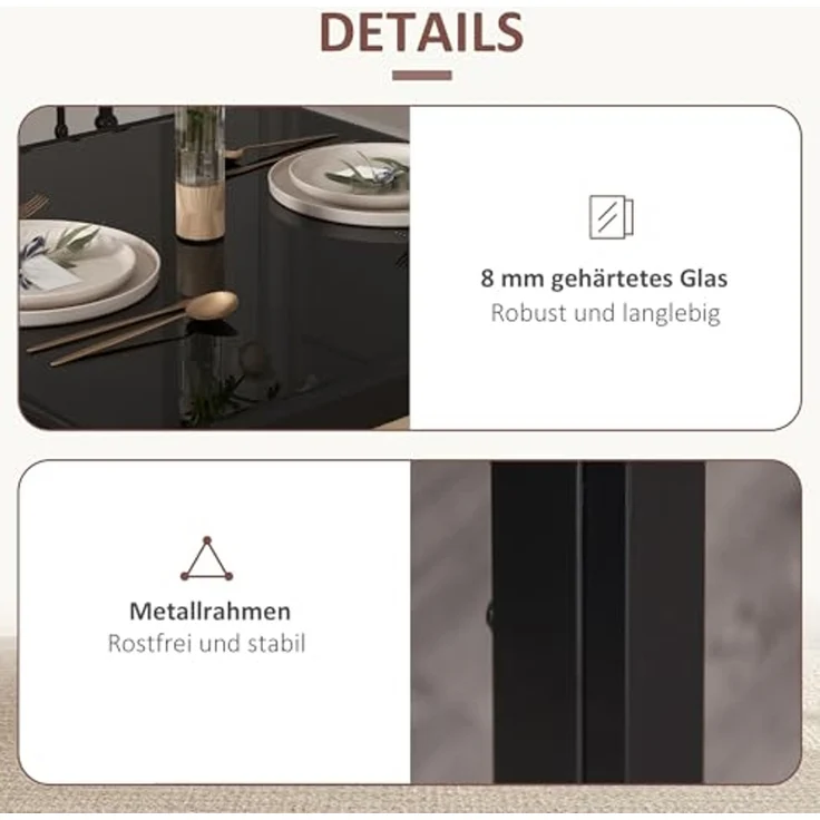 HOMCOM Essgruppe mit Glas-Tischplatte, (Esstisch mit 2 Stühlen, 3-tlg, platzsparend Esszimmergruppe), für Esszimmer, Küche Schwarz – Bild 5