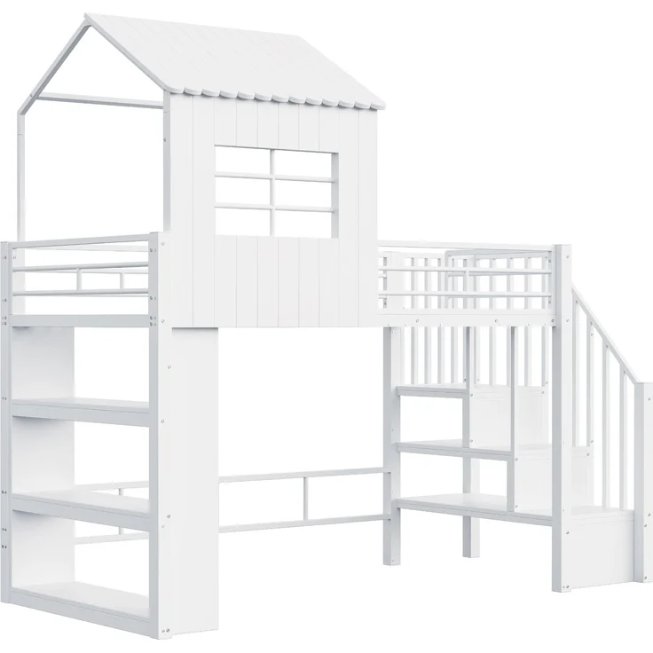 Merax Hochbett 90×200 cm, Kinderbett, Jugendbett, Hausdesign, Mehrstöckiges Stauraumregal, Sichere Treppe (montierbar links/rechts), Weiß – Bild 8