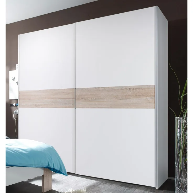 Schwebetürenschrank >Noni< in Weiß / Absetzung Sonoma-Eiche - 170x195x60 (BxHxT)