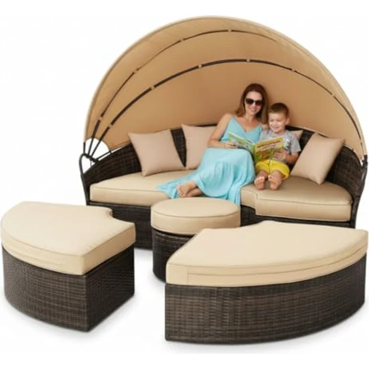 Melko Gartenlounge-Set Polyrattan Sonneninsel Tisch & Kissen 180CM Strandkorb Set, (Stück), Wasserabweisend – Bild 2