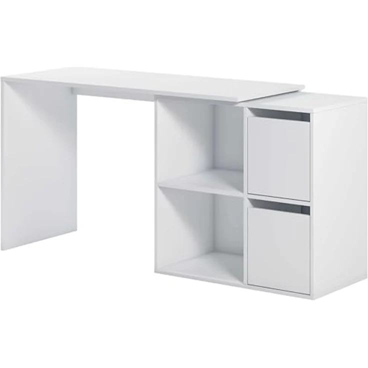 Modularer Schreibtisch mit vier niedrigen Regalen, von denen zwei durch zwei Flügeltüren mit der Möglichkeit der Eckmontage geschlossen werden, Farbe weiß, 152 x 74 x 49 cm. – Bild 5