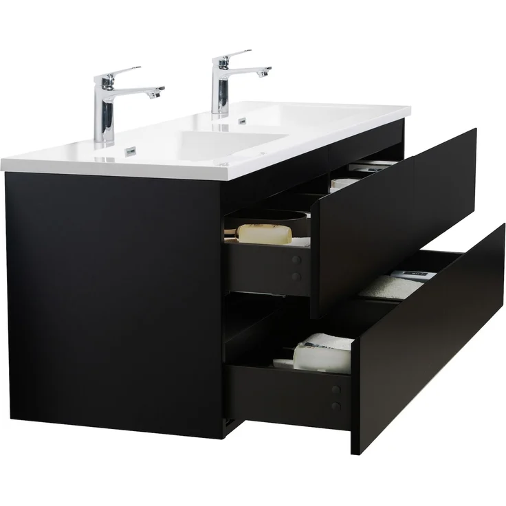 Badplaats Badmöbel Set mit Waschbecken und Unterschrank Angela 140 x 48 cm Schwarz Matt - Waschbeckenunterschrank mit Soft-Close und Doppelwaschbecken, Vorgemontiert – Bild 3