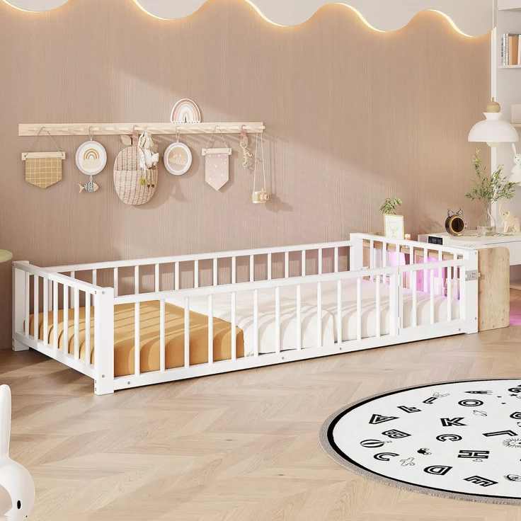 Kinderbett mit LED-Streifen, Regal, Zaun, Lattenrost und Tür, 90x200 cm, Einzelbett mit Rausfallschutz, Metallbett – Bild 2