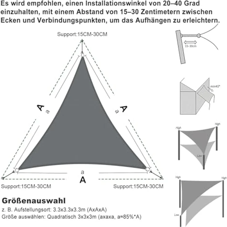 SUNNY GUARD Sonnensegel Wasserdicht 4x4x4m Dreieckig Sonnenschutz Wetterschutz Segel Baldachin UV Schutz für Balkon Terrasse Garten, Dunkler Anthrazit – Bild 5
