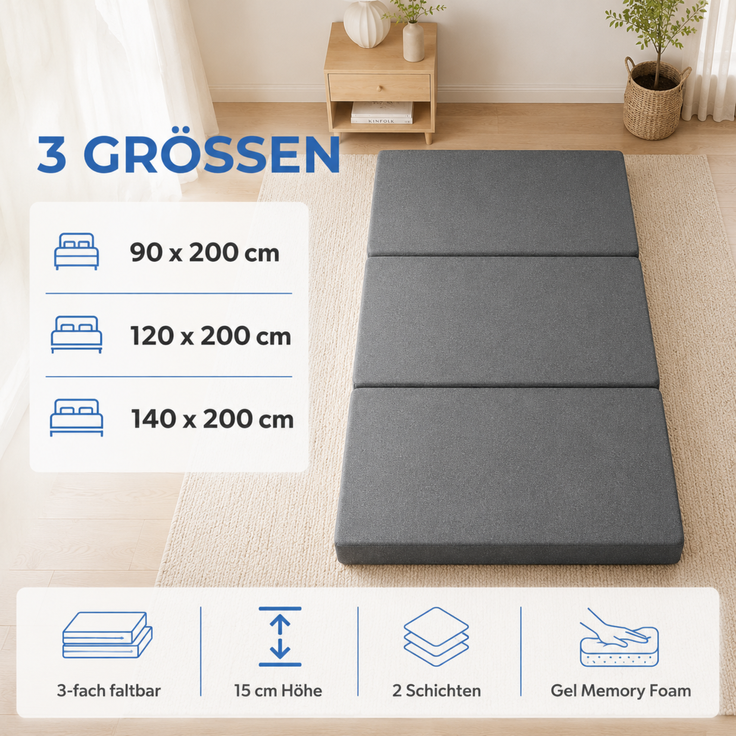 Arensberger Luisa Faltmatratze 15 cm Gel Memory Foam klappbar Gästematratze mit Tragetasche – Bild 8
