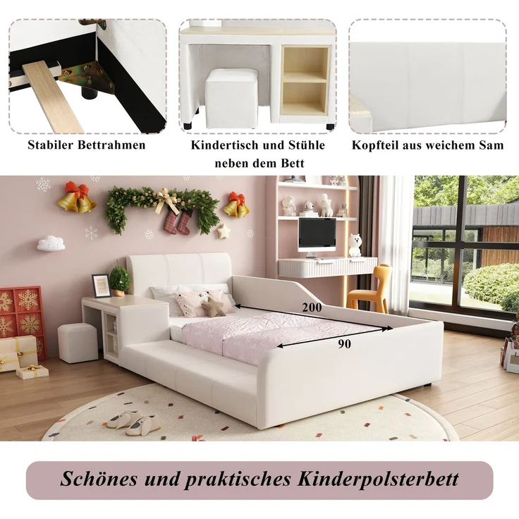 Polsterbett, Einzelbett mit Kinderschreibtisch und Hocker, Mit Ablageboden, Weiches Kopfteil, Kinderbett mit Holzlatten, Samt, Weiß, 90x200 cm – Bild 9