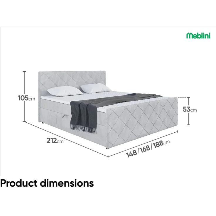 MEBLINI Boxspringbett HENRY 160x200cm - H3P/Hellgrau Samt - mit Bettkasten - Polsterbett - Doppelbett mit Topper & Taschenfederkern-Matratze – Bild 7