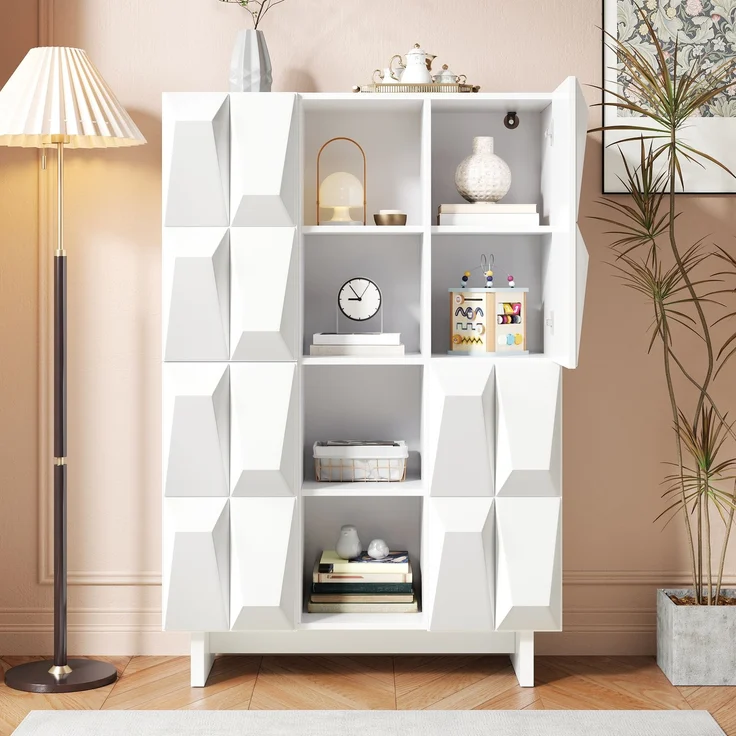 EINHOM Vitrine Schuhschrank Hochschrank Spanplatte Relief 4 Türen 12 Fächer Offene Fächer Wohnzimmer Flur – Bild 6
