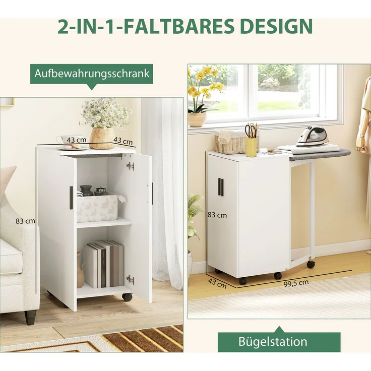 2-in-1 faltbarer Bügelbrettschrank auf Rollen mit Bügelbrett und verstellbarem Regal für kleine Räume, Weiß--Weiß--83x43x99.5cm--YOUDENOVA – Bild 6