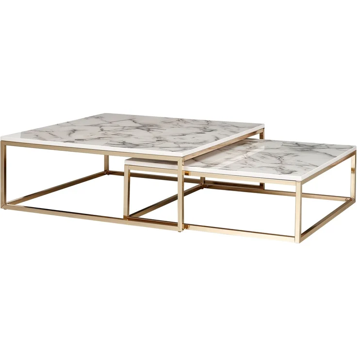 Wohnling Couchtisch 2er Set Weiß Marmoroptik Eckig Metallgestell Gold Modern 75x75x27 cm – Bild 1
