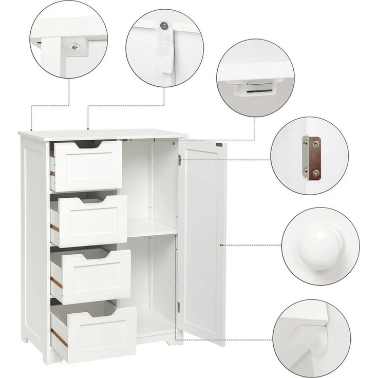 Mondeer Badkommode Badezimmerschrank, Wandkommode mit 4 Schubladen und 1 Tür, Verstellbar, Weiß – Bild 3