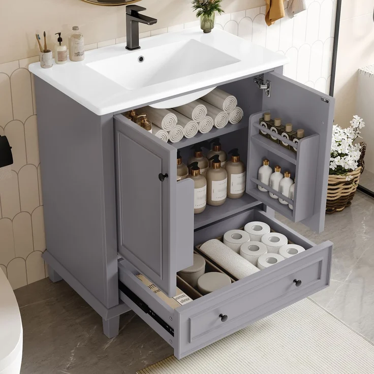 Badezimmerschrank 76 x 46 x 87 cm mit Keramikbecken, viel Stauraum & Massivholzbeinen – Moderner Waschtischschrank,Grau – Bild 4