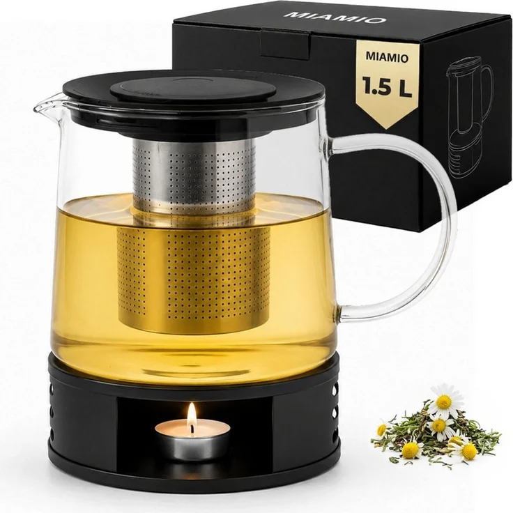 MiaMio Teekanne mit Stövchen und Siebeinsatz, 1,5 l, 1,5 l, (Set, 4-St, mit Stövchen), Borosilikatglas, mit Siebeinsatz – Bild 1