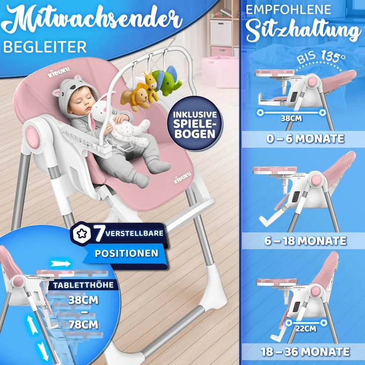 KIDUKU® Hochstuhl Baby 3in1 mit Neugeborenenaufsatz + Lätzchen, Spielbogen & Tisch | Kinderhochstuhl klappbar mit Liegefunktion | Kombihochstuhl höhenverstellbar | Babystuhl mitwachsend 0-36 Monate – Bild 7