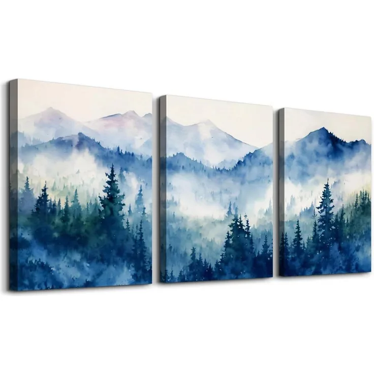 Aquarell Blau Wald Leinwand Bilder Set Wohnzimmer Schlafzimmer Moderne