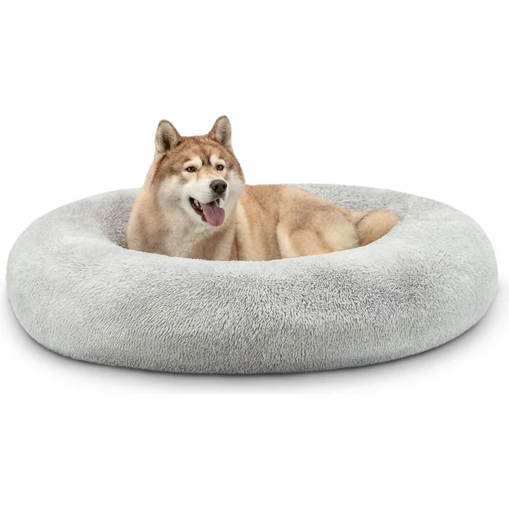 lionto Donut Hundebett, rundes Hundesofa mit Plüschbezug & Anti-Rutsch-Noppen, weich & gemütlich, 120 cm Durchmesser, hellgrau – Bild 1