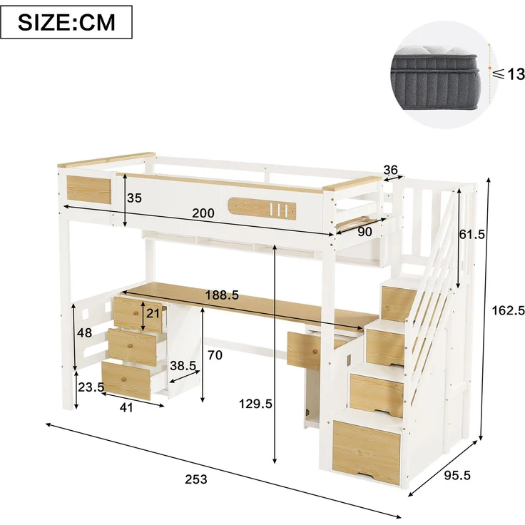 TavilaEcon Hochbett Holzbett mit Schreibtisch, Schubladen, Stauraumtreppe und Hängeregal weiß Liegefläche 90 × 200 cm – Bild 6
