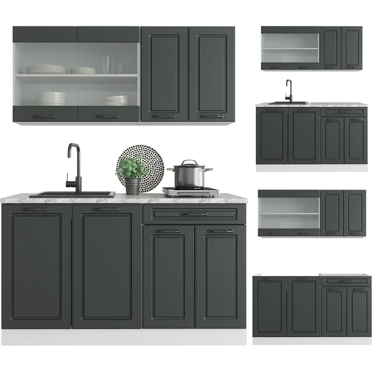 Singleküche R-Line Anthrazit Landhaus/Weiß 140 cm , AP Marmor Vicco – Bild 6