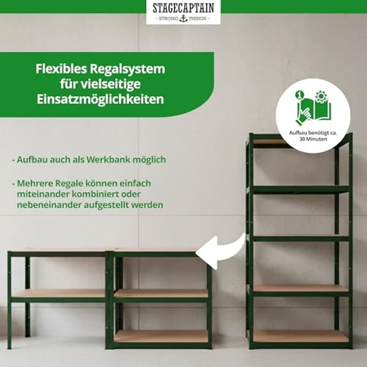 Stagecaptain Schwerlastregal Lagerregal - 5 variabel montierbare Böden - auch als Werkbank umbaubar, Tragkraft pro Boden: 175 kg, gesamt 875 kg – Bild 7