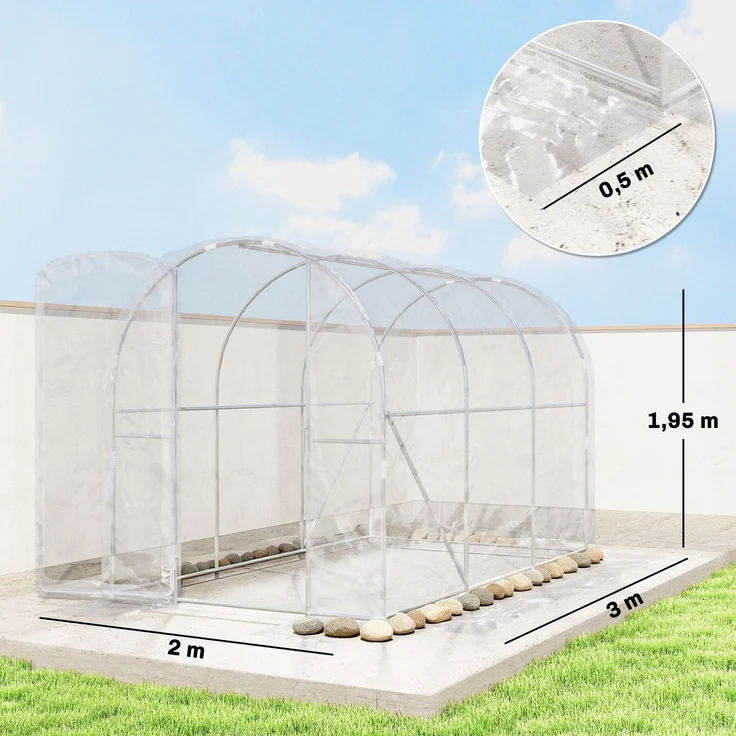 MELAYR, 3 x 2 x 2 m (6 m²) Tunnelgewächshaus mit Flügeltür und 150 g/m² PE-Folie für Gemüse, Transparent – Bild 5