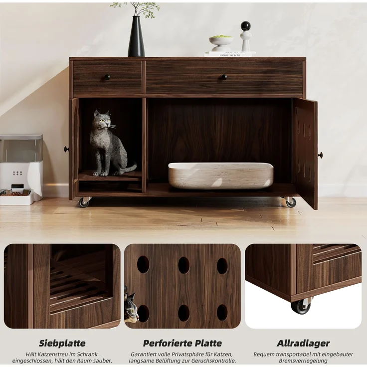Katzenstreukasten-Schrank mit Sandfangplatte, Doppel-Schubladen, Lüftungslöchern, leise Rollen,verstecktes Katzenklo,Walnuss – Bild 6