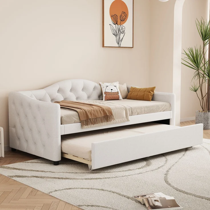 Merax Daybett, 90x200cm Tagesbett mit ausziehbarem Bett,Schlafsofa, Einzelbett(Ohne Matratze), Leinen, minimalistisches Styling, beige – Bild 1