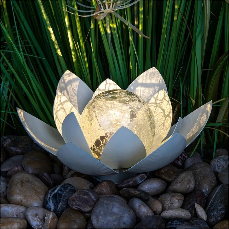 Spetebo LED Solarleuchte LED Solar Lotusblüte mit Crackleglas Kugel - 25 x 11 cm, LED, warm weiß, Garten Deko Kugelleuchte