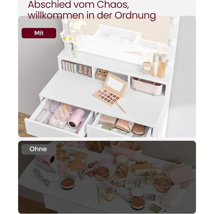 VASAGLE Schminktisch, mit LED-Beleuchtung, einstellbare Helligkeit, Frisiertisch mit Spiegel, Hocker, Kosmetiktisch mit 2 Schubladen und 3 offenen Fächern, modern, wolkenweiß und pastellrosa RDT720W01 – Bild 5