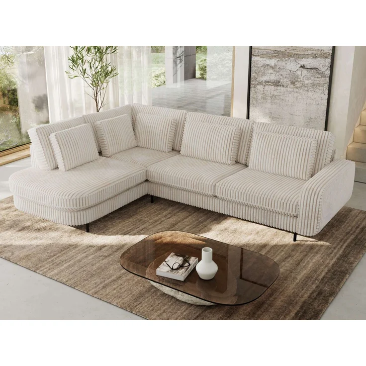 CALENO L-Form Ecksofa 317x225 cm, Massivholz-Rahmen & Wellenfedern, Sitzhöhe 51 cm, modernes Polstersofa rückenecht bezogen & freistehend - Beige Cord - Links Seite – Bild 4